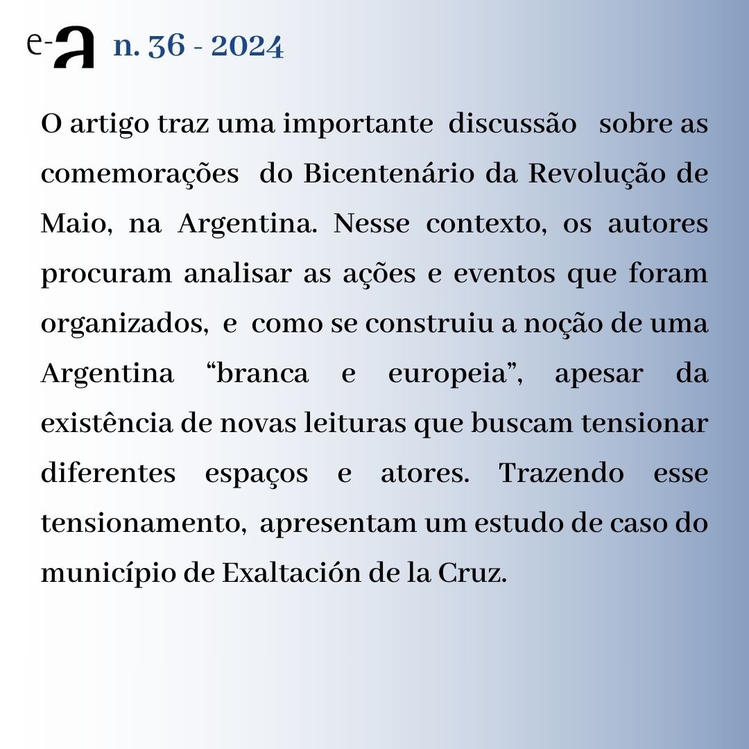 📍Confira o texto clicando no link: periodicos.unifesp.br/index.php/alm/…

Os autores pensam as ações e eventos, que foram organizados para articular o local com o nacional e, também, como se reproduz a ideia de uma Argentina “branca e europeia”. 

#RevistaAlmanack