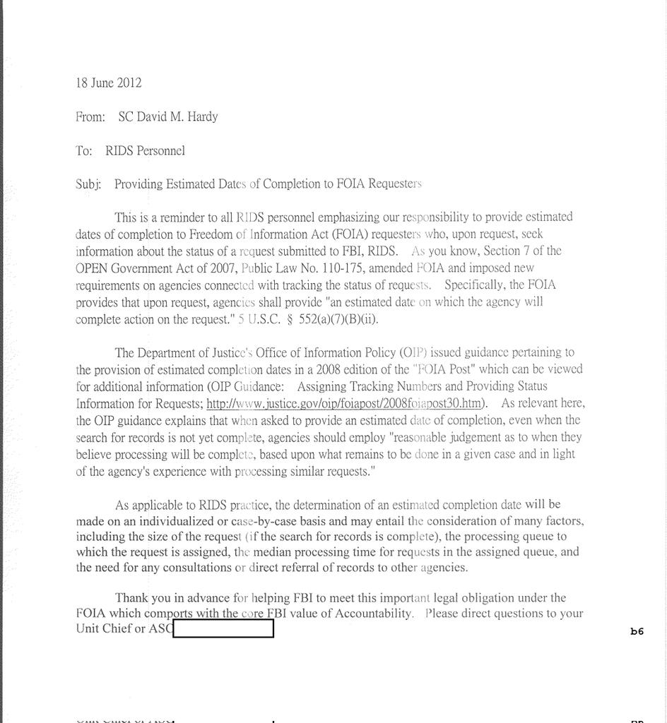 Free #FOIA tip. Always ask federal agencies for estimated dates of completion. It's their illegal obligation to provide that info to you when asked I got the FBI to memorialize this a decade ago Subscribe to my weekly newsletter, FOIA Files, for more! bloomberg.com/account/newsle…