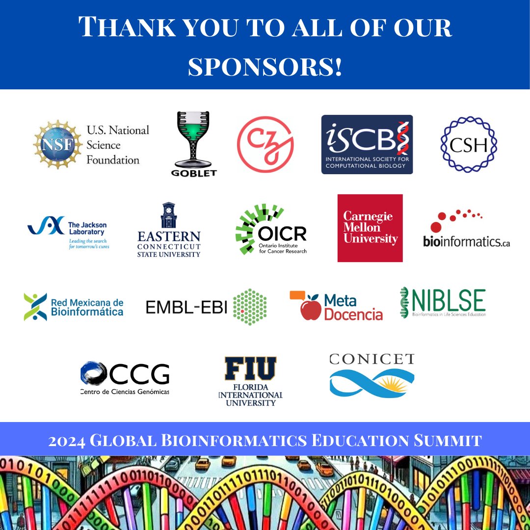Global Bioinformatics Education Summit (@bioinfoedsummit) on Twitter photo A huge thank you to our sponsors who make the Global #Bioinformatics Education Summit possible! A huge thank you to our sponsors who make the Global #Bioinformatics Education Summit possible!