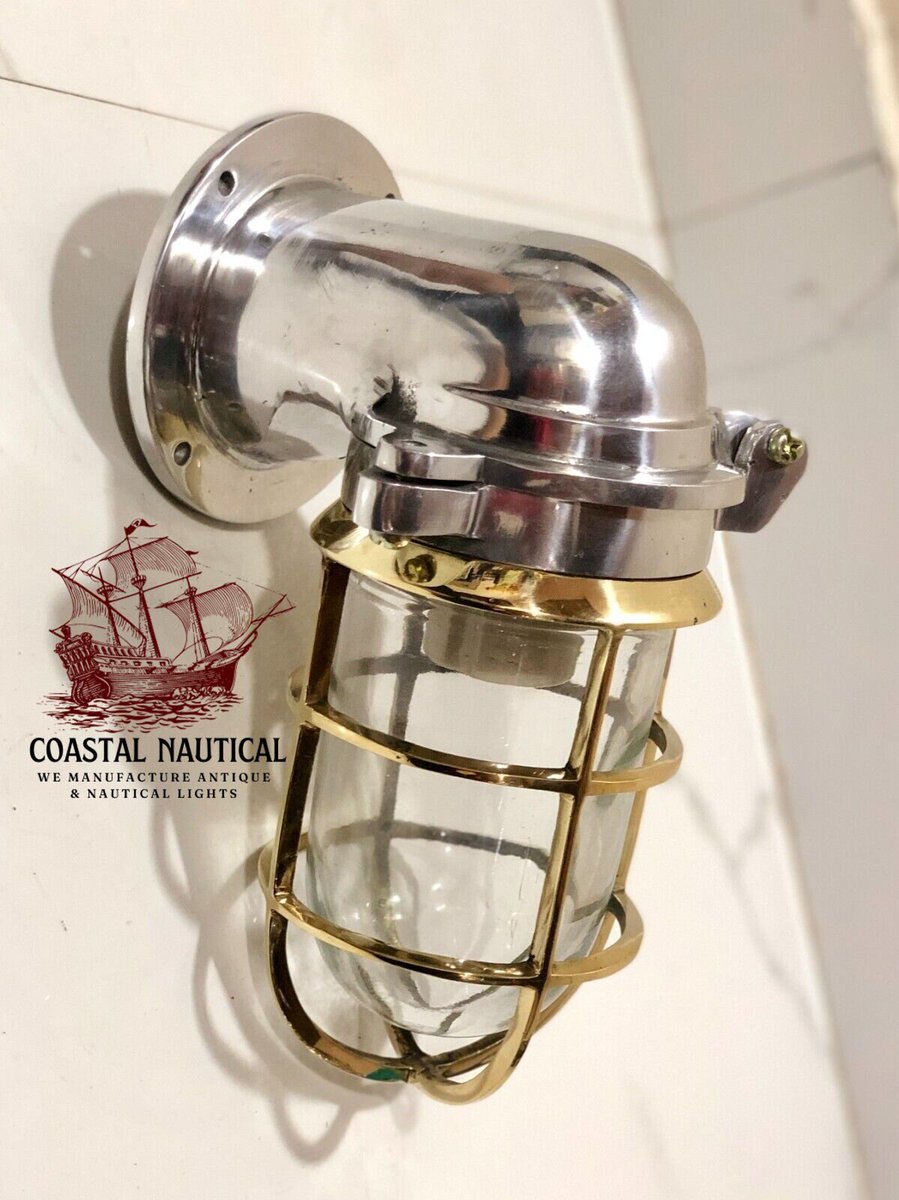 Excited to share the latest addition to my #etsy shop: Japanese Naval Patio Aluminum Wall Nautical Sconce Light With Brass Cage etsy.me/44QHWP2 #silver #mothersday #gold #bedroom #artdeco #glass #yes #frosted #angled