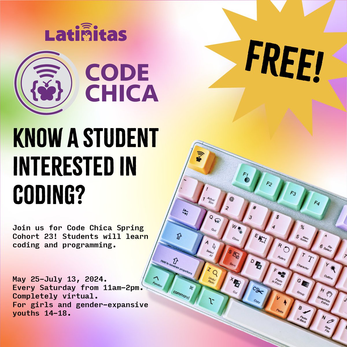 REGISTER FOR CODE CHICA TODAY!📷📷 While enrolled in the Code Chica, students will be placed in a vibrant cohort of students that are eager to learn the essentials of HTML, CSS and Javascript. Registration now open📷 betterunite.com/Latinitas-code…