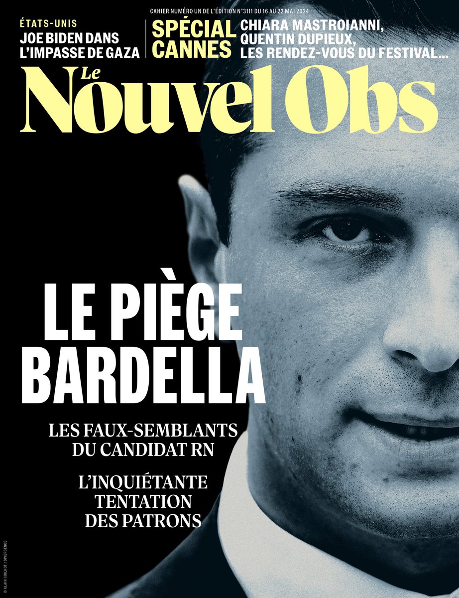 A la Une du @Le_NouvelObs cette semaine, le piège Bardella. Ou comment l’extrême droite a changé la façade sans jamais rien céder sur ses fondamentaux. Et notre enquête sur l’inquiétante tentation des patrons pour le RN