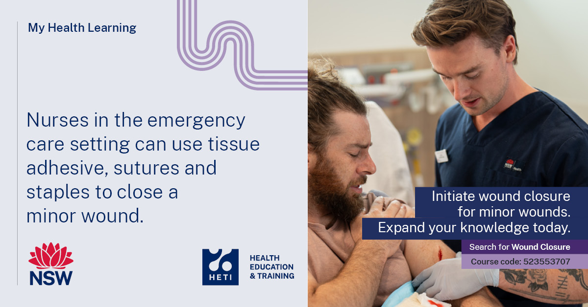 New Wound Closure Education Program to support @NSWHealth nurses assess and close minor wounds in emergency care settings now available.

Enrol in the new program on My Health Learning (course code: 523553707): …healthlearning.citc.health.nsw.gov.au