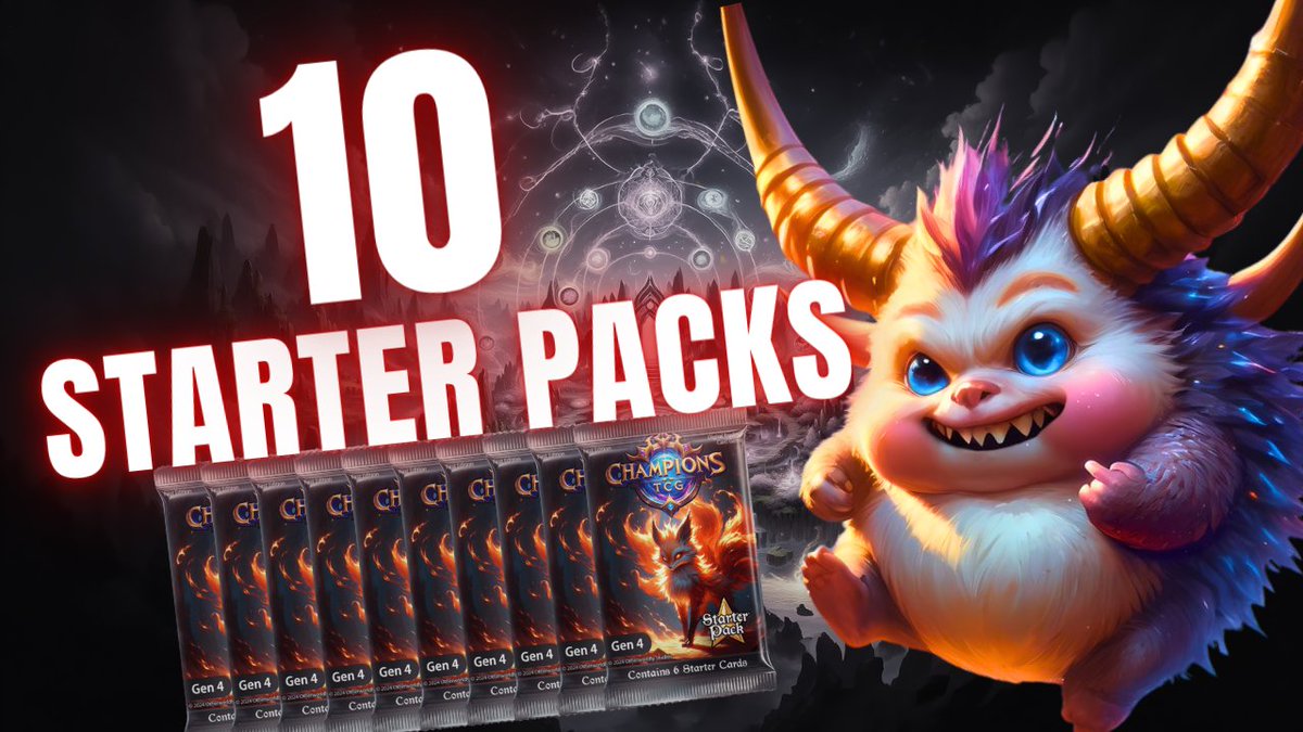 🚨 @ChampionsTCG_  GIVEAWAY TIME🚨

10 generation 4 starter packs to 1 lucky winner with ❤️!

To enter:
✅Share &amp; Like this post
✅Tag 2 friends who would like to try out or play Champions TCG
✅Follow <a href="/valdiz_gu/">Valdiz</a> 

📅 Winner announced on Sun 5/19