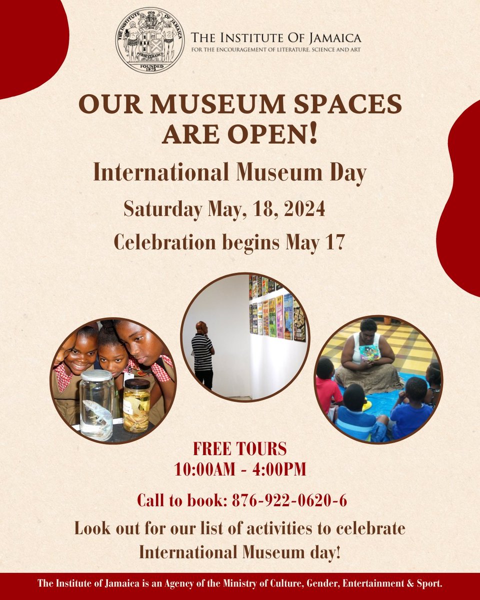 IoJ_jamaica's tweet photo. Two days of museum magic await! 🏛️
Join us in celebrating International Museum Day starting May 17th, with the main event on May 18th! Don’t miss out on the fun-filled festivities!
#MuseumDay2024 #ioj145thanniversy #ioj145th https://t.co/iwTUmxn7iL
