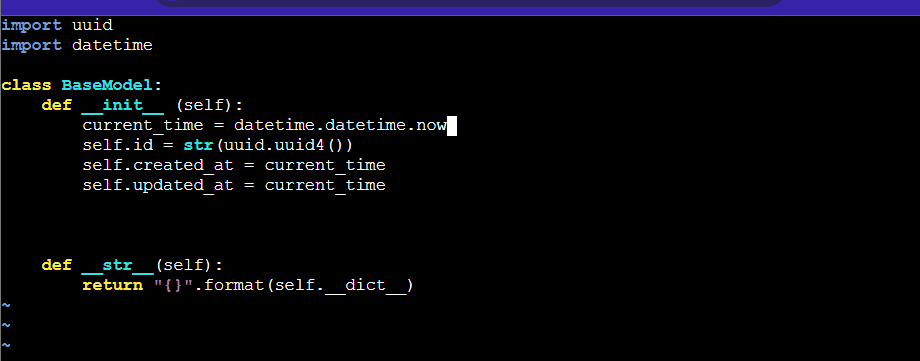 #day56  implemented a class to handle object initialization and serialization, imported the datetime module to track creation and update timestamps at instantiation. added a str method to improve object readability.
#ALX_SE
#100DaysofALXSE
#100DayChallenge
#DoHardThing