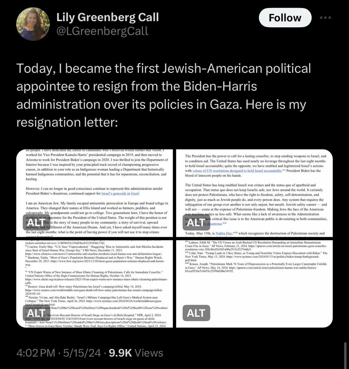 Another powerful resignation in protest - this time from Jewish-American Biden appointee Lily Greenberg Call on Nakba Day.