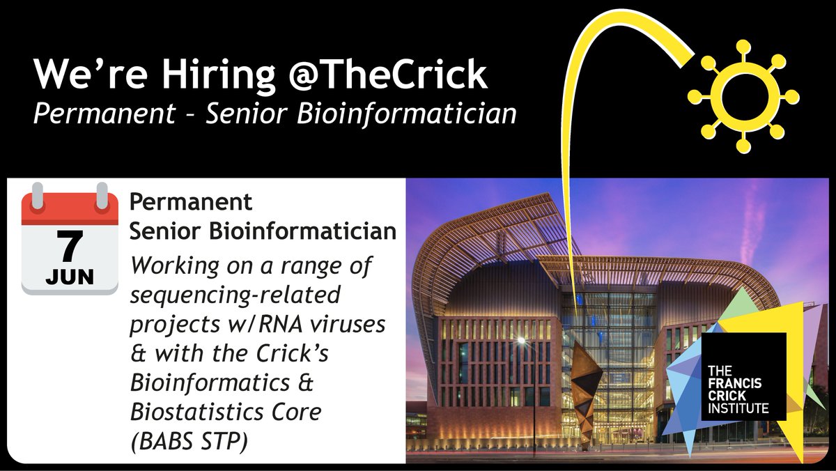 ℹ️We're looking for a talented bioinformatician to join our team <a href="/TheCrick/">The Francis Crick Institute</a> on a permanent contract...
🧬If you've got experience with genomic data,
🦠and an interest in working with us on cool molecular virology projects,
🗓️apply by 7 June,
👉here: crick.wd3.myworkdayjobs.com/External/job/L…
1/2