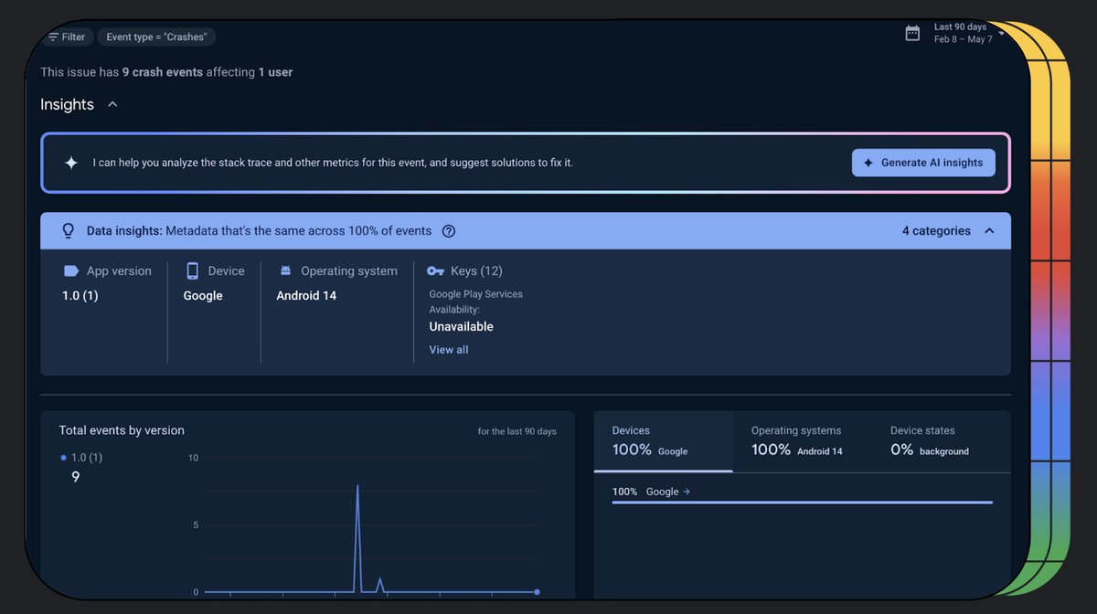 Firebase's tweet photo. Launching: AI Assistance in Crashlytics → https://t.co/gDLQKEHv9k 

💡 This includes more detailed app error insights, cohesive crash summaries, sample code, recommended next steps, and links to relevant documentation. 

#GoogleIO https://t.co/tfF5ZAOtV8