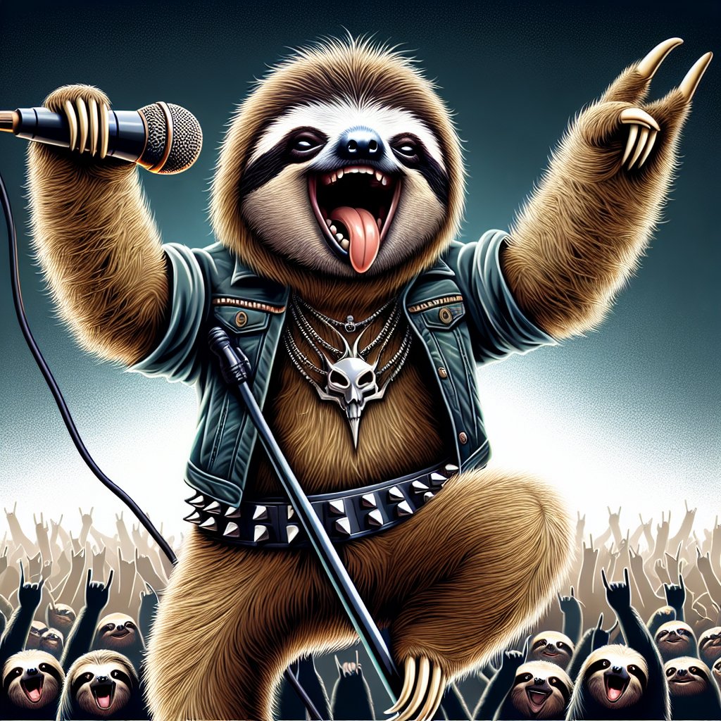 Sloth rockstar grabs the mic, ready to shred His heavy metal riffs will wake the dead With a voice so slow, he starts to growl The crowd of sloths lets out a howl The sloth crowd cheers, their arms raised high They sway like leaves, reaching for the sky The sloth rockstar