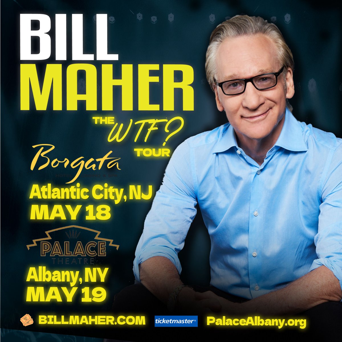 Standup Comedy this weekend at @BorgataAC on Saturday and The @PalaceAlbany, NY on Sunday! billmaher.com/schedule