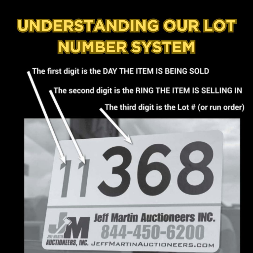 👀Our Lot #'s are easy to understand! The first digit is the DAY THE ITEM IS BEING SOLD! The second digit is the RING THE ITEM IS SELLING IN. The third digit is the Lot # (or run order).

#ExperienceTheDifference with #JeffMartinAuctioneers