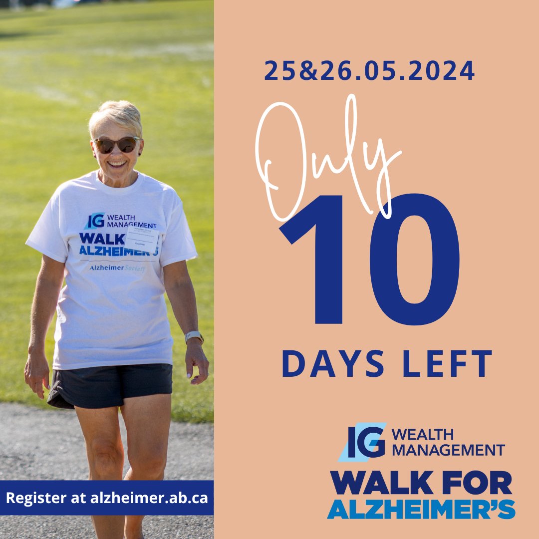 Only 10 days left until we lace up our shoes and walk together at the #IGWalkforAlz.  Where are you walking from? We will walk across 7 locations in Alberta and Northwest territories. Come out and support your community. Register here- ow.ly/CXVn50RwkSO

#HelpforDementia