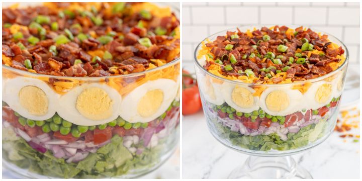 Looking for a delicious and colorful dish to impress your guests? Try the classic 7 layer salad recipe! With layers of veggies, cheese, and bacon, it's sure to be a crowd-pleaser. #7layersalad #recipe #yum #kyleecooks kyleecooks.com/7-layer-salad/