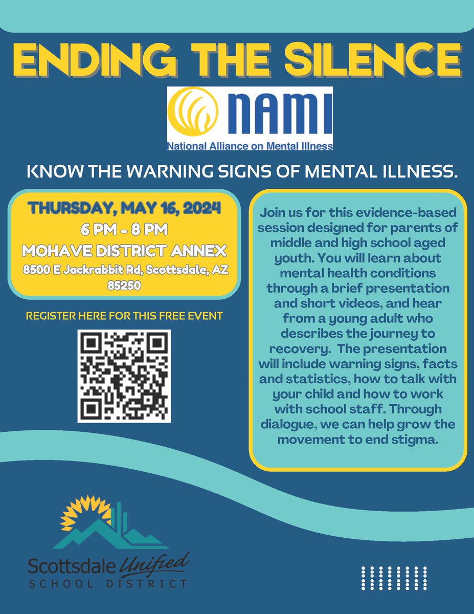 Parents, don't miss this important session tomorrow night! Join us for an evidence-based event designed to help parents of middle and high school students understand mental health conditions. Register now at bit.ly/3UYz1HM