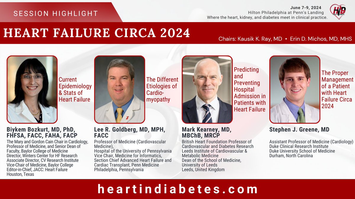 Discover the forefront of #HeartFailure care at the 8th @HeartinDiabetes! Join @BiykemB, @LeeGoldbergMD8, @MedicineDean, & @SJGreene_md as they explore the latest trends, predictive methods, and best practices in management. #HID24 Earn #CME at heartindiabetes.com/registration