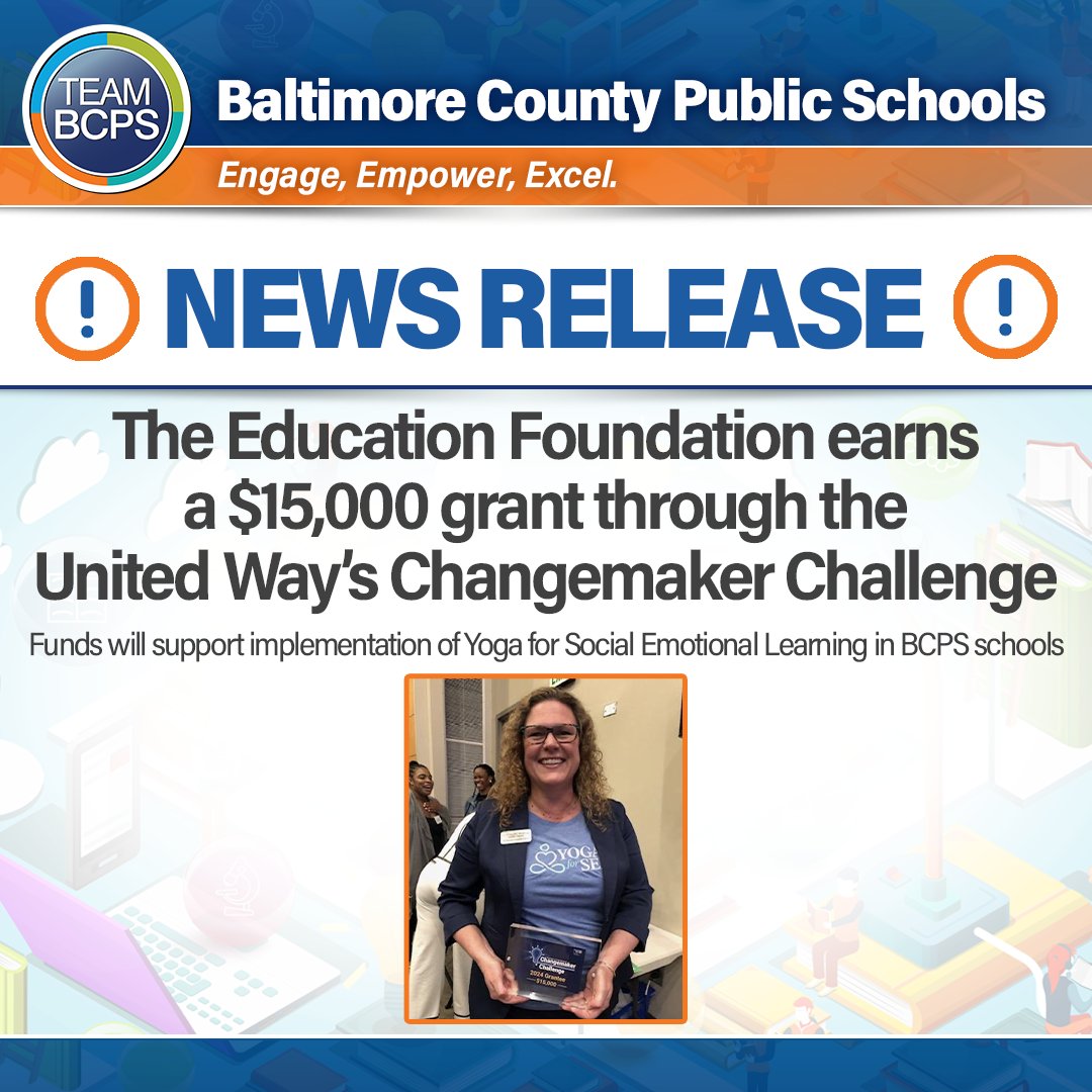 💙 @foundationbcps has been awarded a $15,000 grant through the @UnitedWayCM 2024 Changemaker Challenge! News Release ➡️ ow.ly/mbQ850RHouM