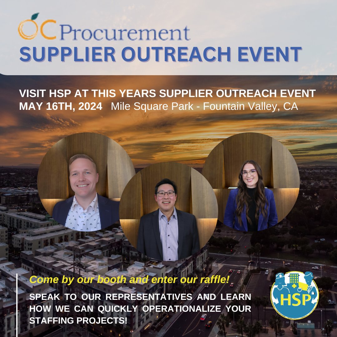 Join us tomorrow, May 16th, at the OC Procurement Supplier Outreach Event! Stop by our booth to meet our representatives and learn how we can support your organization with tailored staffing solutions. See you there! #OCProcurement #SupplierOutreach #MeetOurTeam