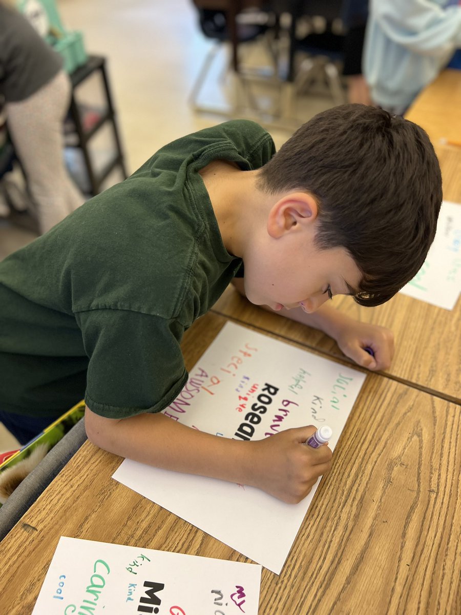 ClassWithMissK's tweet image. Today was letter K for our ABC countdown. K for Kindness day! We rotated around the classroom writing kind things about each of our classmates.