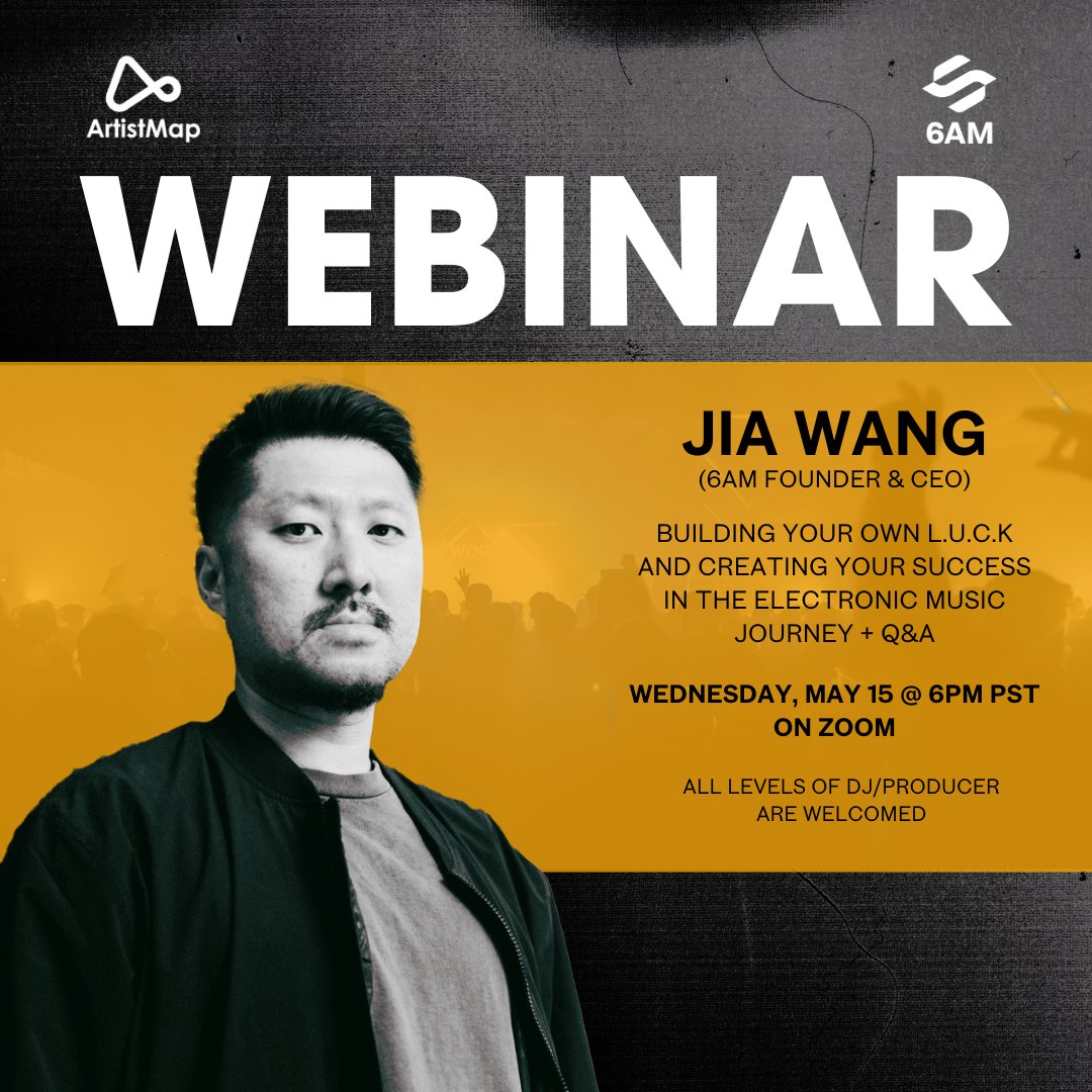 6AMGroup's tweet photo. LAST CHANCE! Don't miss out on #Artistmapby6AM ❗FREE❗ zoom webinar hosted by 6AM's CEO @jia6am on
🗓️ May 15th 6PM PST🗓️
Build your own L.U.C.K. and creating your success in the electronic music journey. 🎶💫
To Sign up ➡️ 🔗 https://t.co/2aVmNtjIbb https://t.co/33LSmay4Rn