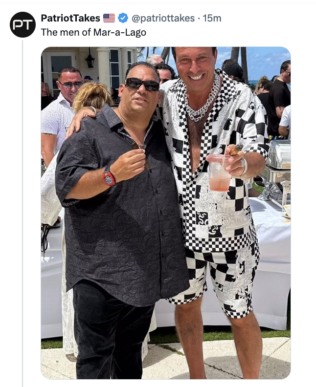 Somewhere, someone woke up and said, 'I'm going to unironically wear the outfit on the right side of this photo.' I just feel fortunate we can't see his bedazzled Crocs.