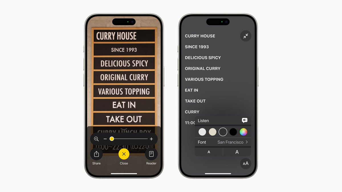 JamesRath's tweet image. Apple previews iOS 18 with updates to the Magnifier app! 🔍

The new Reader Mode converts words in images to uniform lines of text, allows font customization, and text-to-speech. Plus, easily launch Detection Mode using the Action button on iPhone 15 models. #GAAD #Accessibility…