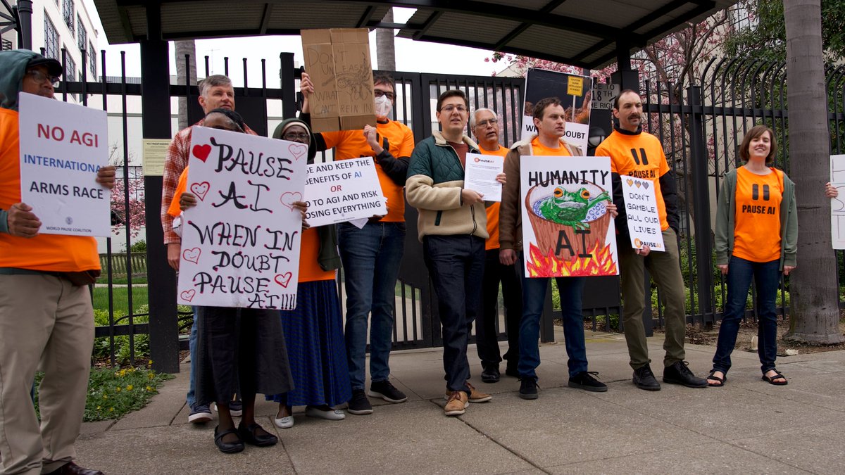 Our @pauseaius protestors at the San Francisco location of the #PauseAI international protest, in front of OpenAI. Great work, everyone!
