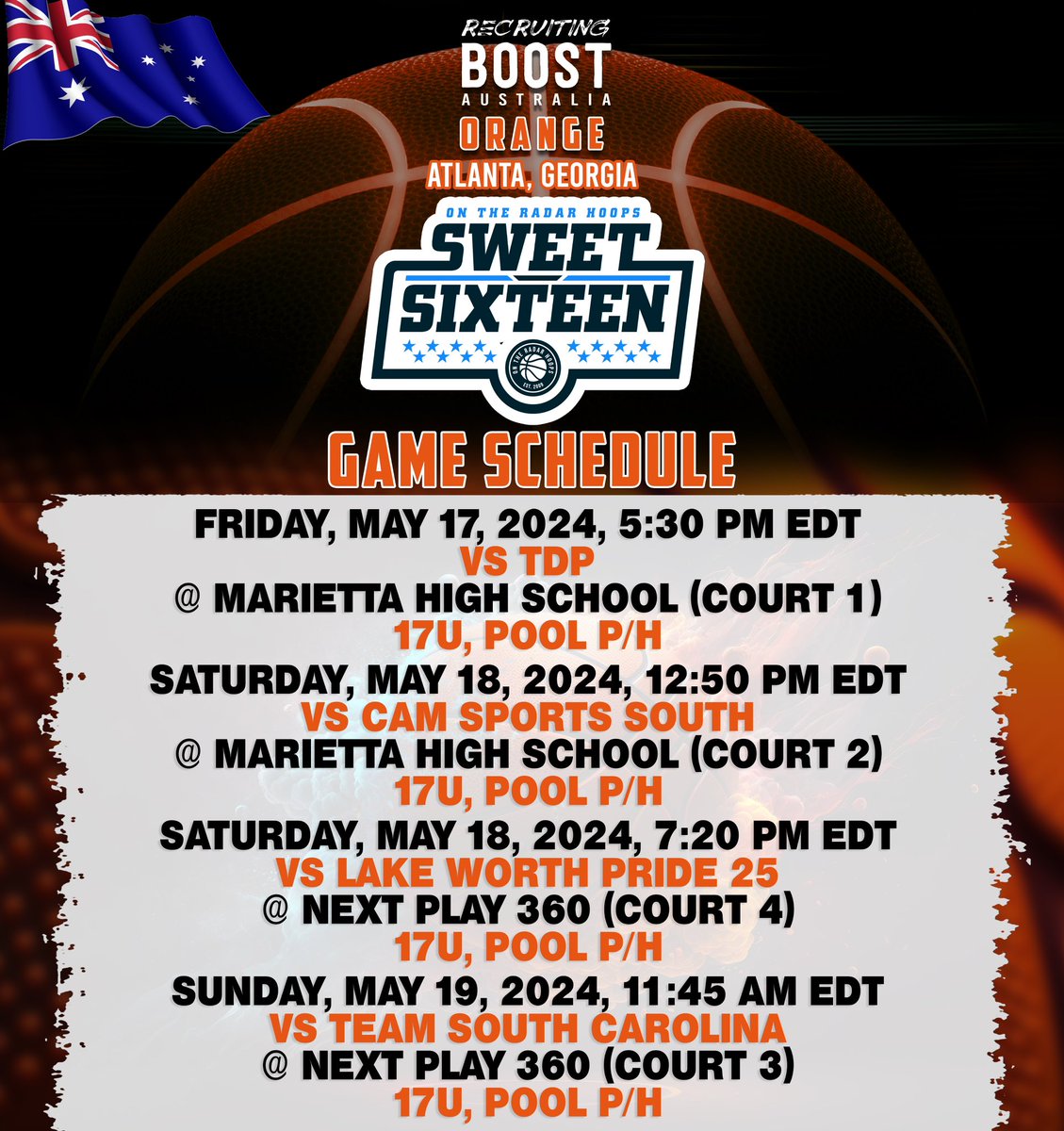 Coaches, be sure to check out Recruiting Boost Australia Black & Recruiting Boost Australia Orange this weekend in @OntheRadarHoops’ Sweet 16!