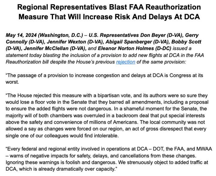 The Virginia Delegation opposes a harmful measure in the FAA Reauthorization that would increase slots at DCA airport, one of the busiest in the nation. DCA is already over capacity and can't handle additional traffic, which would exhaust crew and risk flight safety. I voted no.