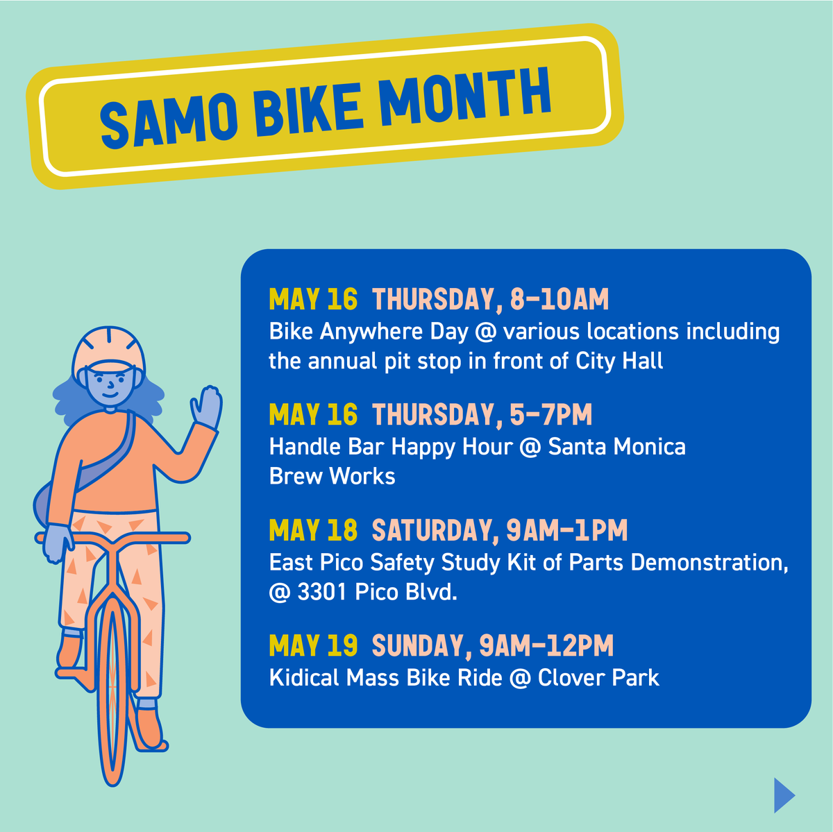 santamonicacity's tweet image. We are rolling through Bike Month! 
Next stop is tomorrow: join us for Bike Anywhere Day, May 16 at our annual pit stop in front of City Hall 8-10 a.m. 🚲 
Community members of all ages have been celebrating Bike Month and Bike It, Walk It, Bus It Week 
➡️ #TakeTheFriendlyRoad
