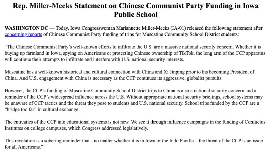 My statement on Chinese Communist Party funding of trips for Muscatine Community School District students.