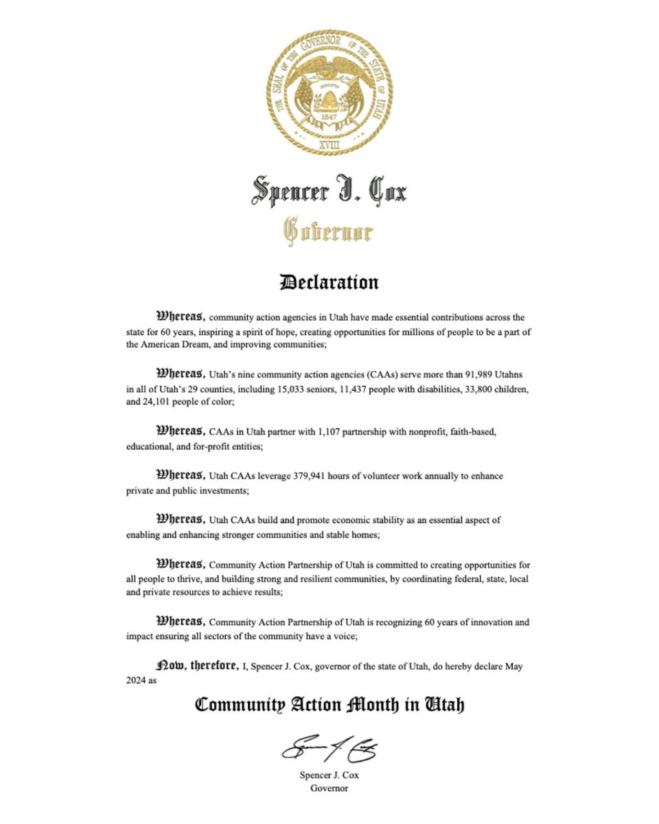 We'd like to thank the Governor's Office for the Community Action Month Declaration. Thank you for celebrating this month with our statewide network of nonprofits and Associations of Governments Community Action Agencies! bit.ly/3ylAFun #CAPU #CommunityActionMonth