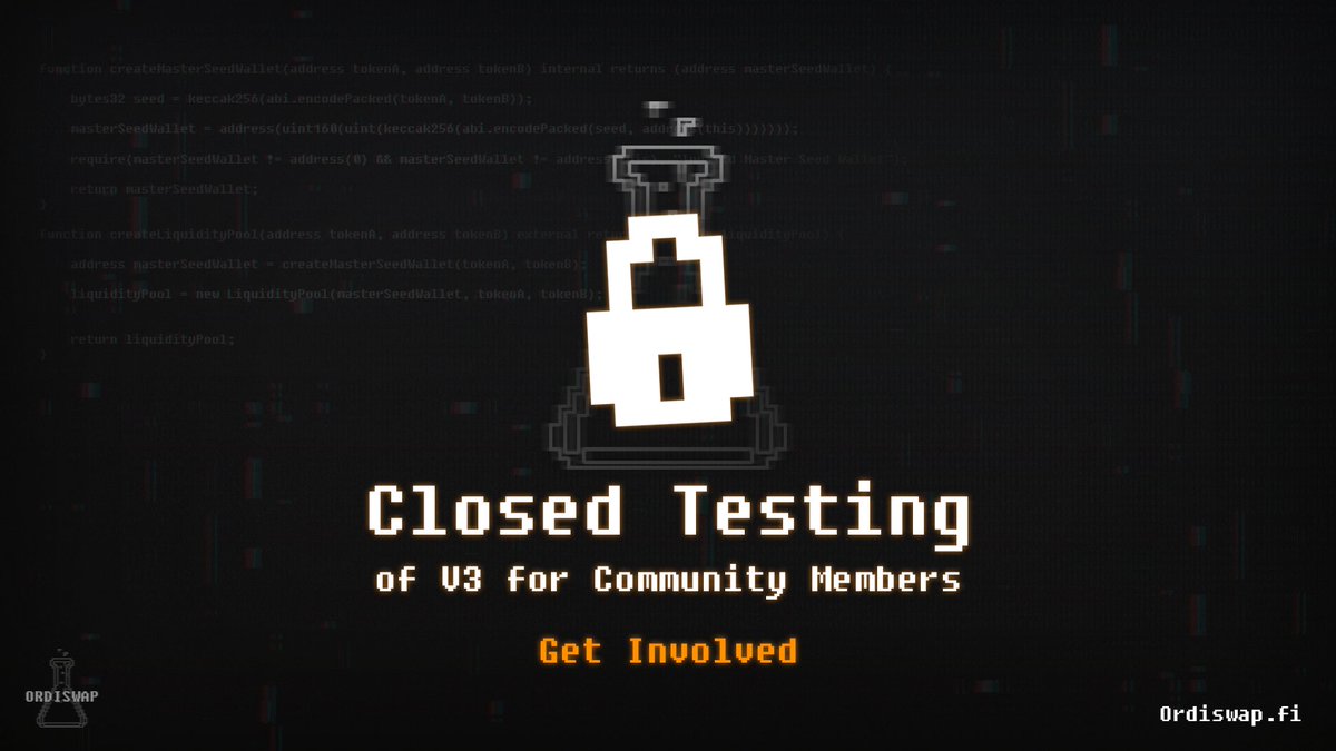 🧪 Ordiswap V3 is getting ready for closed Mainnet testing, and our community has the first dibs on the limited seats available.
​
Chosen members of the community will get to:
​
• Take an incentivized test-drive of the V3 on Mainnet 
• Deliver valuable feedback to the team and