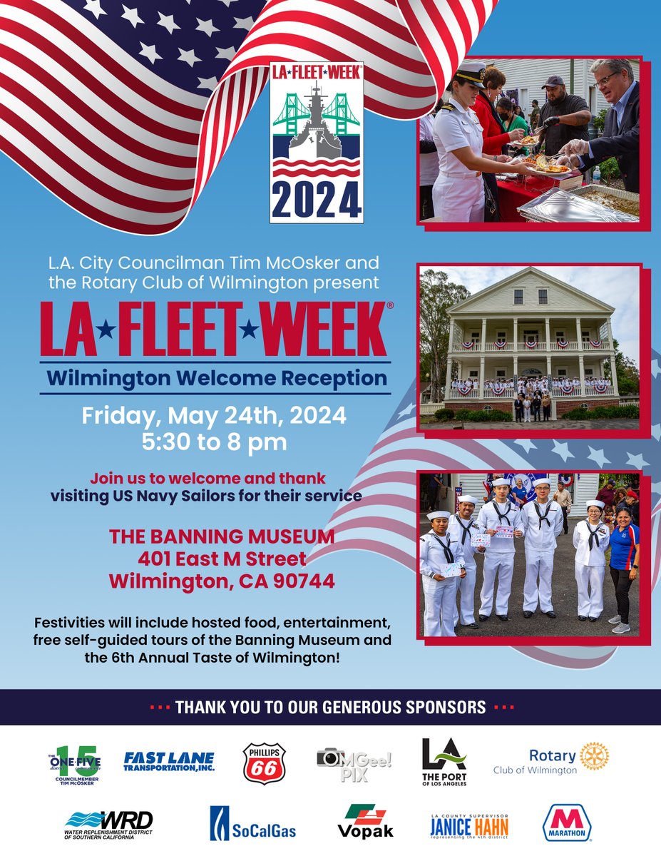 PortofLA's tweet image. 🇺🇸⚓The Port of Los Angeles presents TWO community welcome parties for visiting military in honor of @LAFleetWeek! Join us in Downtown San Pedro, from 5-9 p.m. on Thursday, May 23 and at the Banning Museum in Wilmington, from 5:30-8 p.m. on Friday, May 24. lafleetweek.com