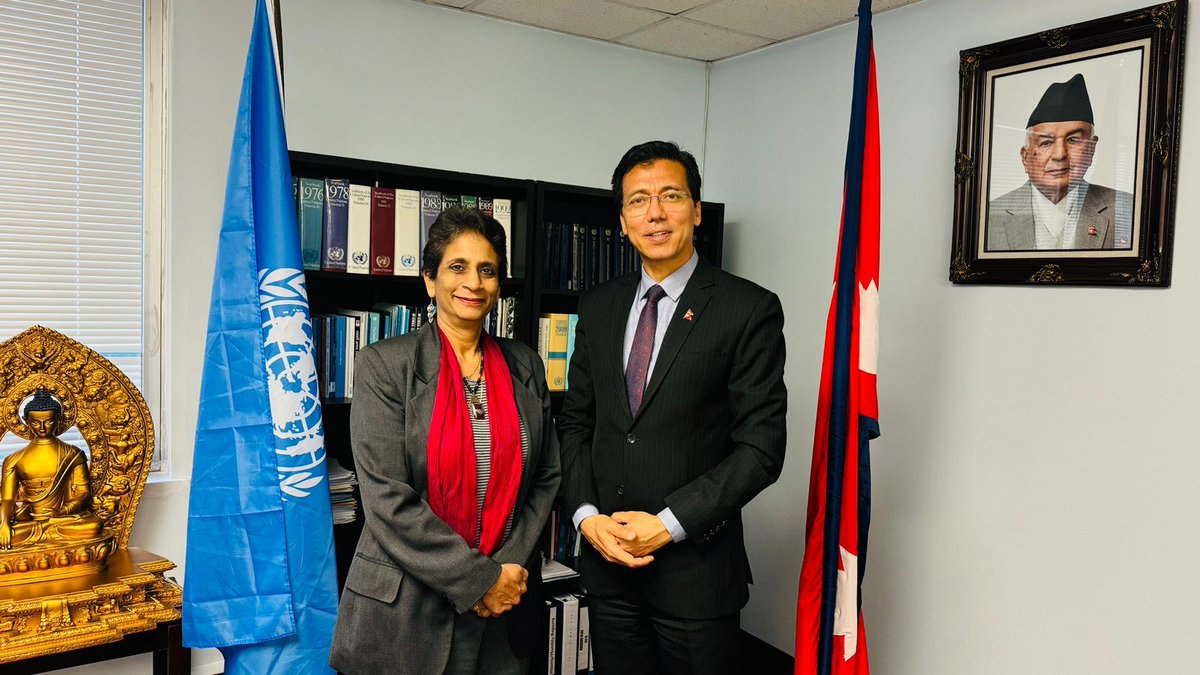 Amb @LokThapa2071 received H. E. Kanni Wignaraja, Assistant Secretary-General & Director of Reg. Bureau for Asia-Pacific, UNDP. She briefed the Amb on her recent visit to Nepal. Discussions were held on issues including climate change, digitalization, energy & capacity building.