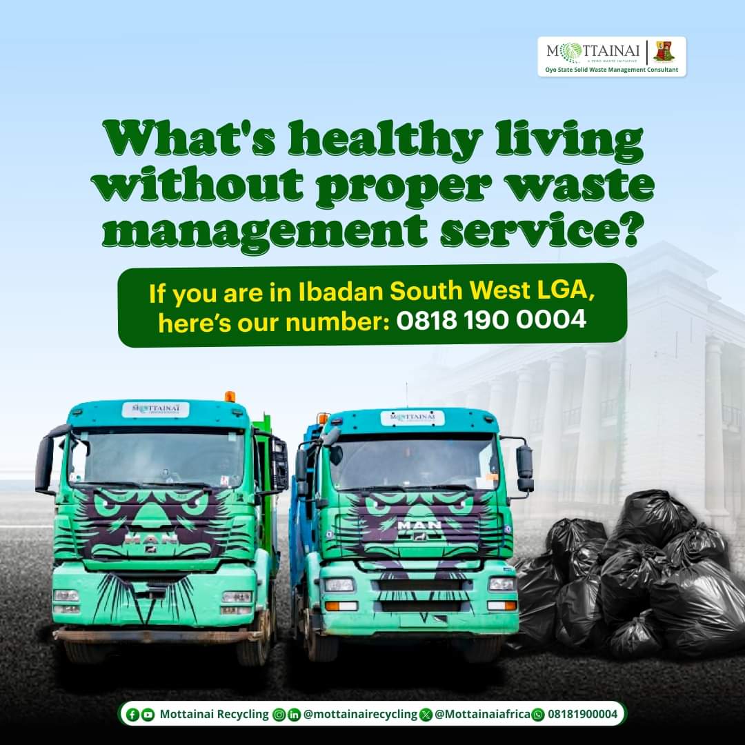 #MottainaiRecycling supports healthy living for every home in Ibadan South West. To schedule your waste pickup, send us a WhatsApp message at 0818 190 0004.