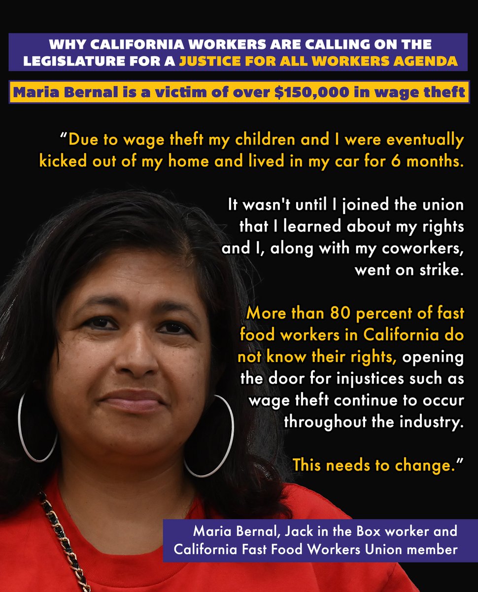 Today @JackBox worker Maria Bernal is joining @AsmLizOrtega @Ash_Kalra @sabawaa & workers from across the state to demand a Justice for All Workers agenda. Years of wage theft fueled her fight to win a #FastFoodCouncil. We won. Today she’s demanding #CALeg keeps up the momentum