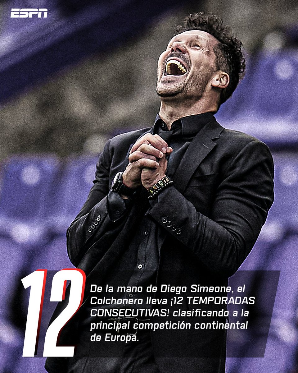 YA ES UNA SANA COSTUMBRE De la mano del Cholo Simeone, Atlético de Madrid lleva 12 temporadas consecutivas jugando la #CHAMPIONSxESPN: para aplaudir 👏.