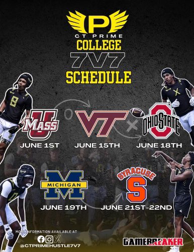 We coming! Coaches, Lot of dudes on our roster worth investing in! 👀 We’ll be at @UMassFootball @HokiesFB @OhioStateFB @UMichFootball @CuseFootball next month.