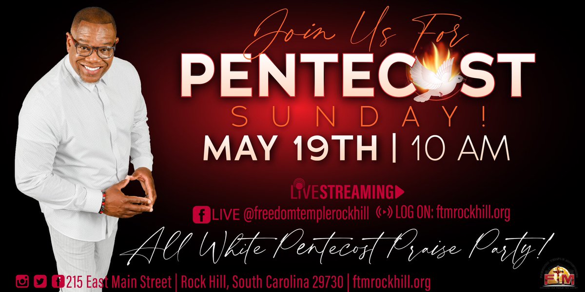 Join us this Sunday for Pentecost Sunday! It’s going to be a Praise Party! Wear your “all white” and a hint of “red” if you desire! Can’t wait to worship with you. #Pentecost #ftmrockhill