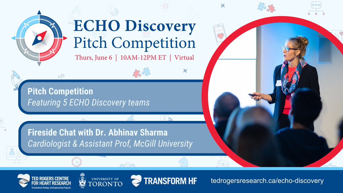 Join us at the 2024 ECHO Discovery pitch competition and watch 5 teams of aspiring #entrepreneurs pitch their innovative #cardiovascular health solutions for a chance to win $500 AND enjoy a Fireside Chat with Dr. Abhinav Sharma! transformhf.ca/event/echo-dis…
