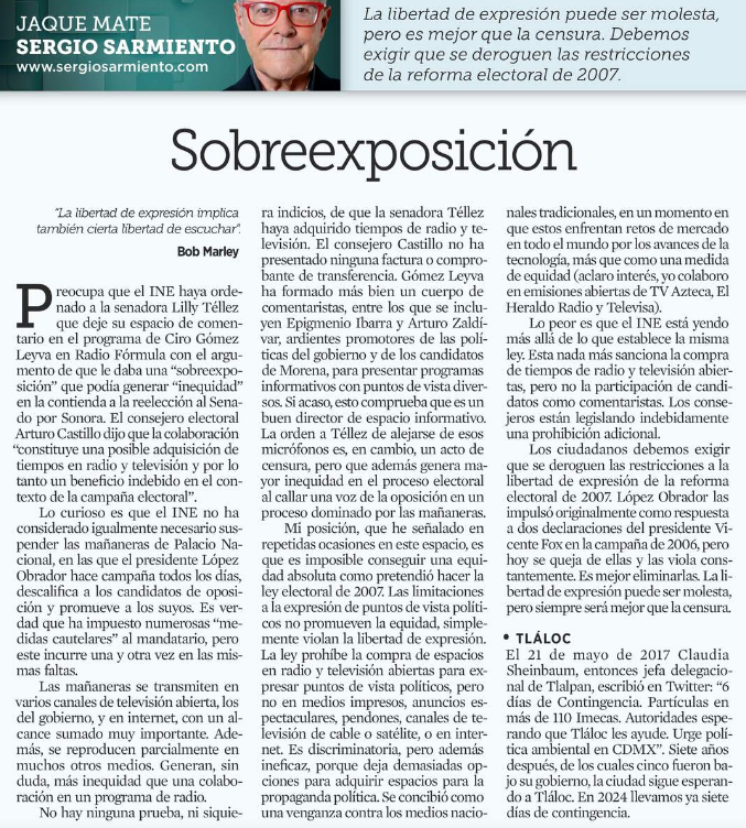 15/5/2024; 'Reforma', Sergio Sarmiento.- «Sobreexposición»:
#NarcoPresidenteAMLO59  . #NarcoCandidataClaudia60  . #XóchiltGálvezPresidenta2024  .
#YoSíVoyALaMarcha  .
#XóchitlMarchaConmigo    .