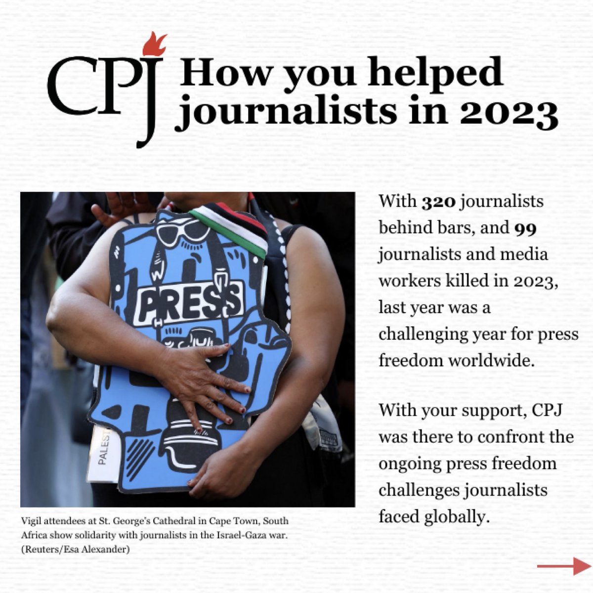 CPJ celebrated the early release of *at least* 200 journalists from behind bars last year.

583 journalists from 59 countries received financial & non-financial assistance.

Join us as we continue to defend #pressfreedom this year & beyond.

Donate to CPJ: cpj.org/WPFD-donate