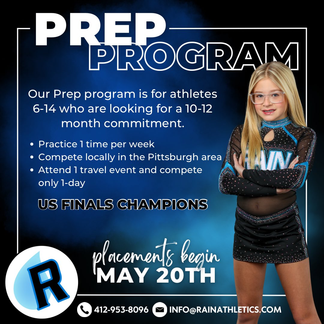 Looking 👀 for a program to transition your athlete into competitive cheer? Our 𝐏𝐑𝐄𝐏 program is perfect for athletes ages 6-14. 💙☔️ There’s still time to register for placements. Visit rainathletics.com/join for more information.