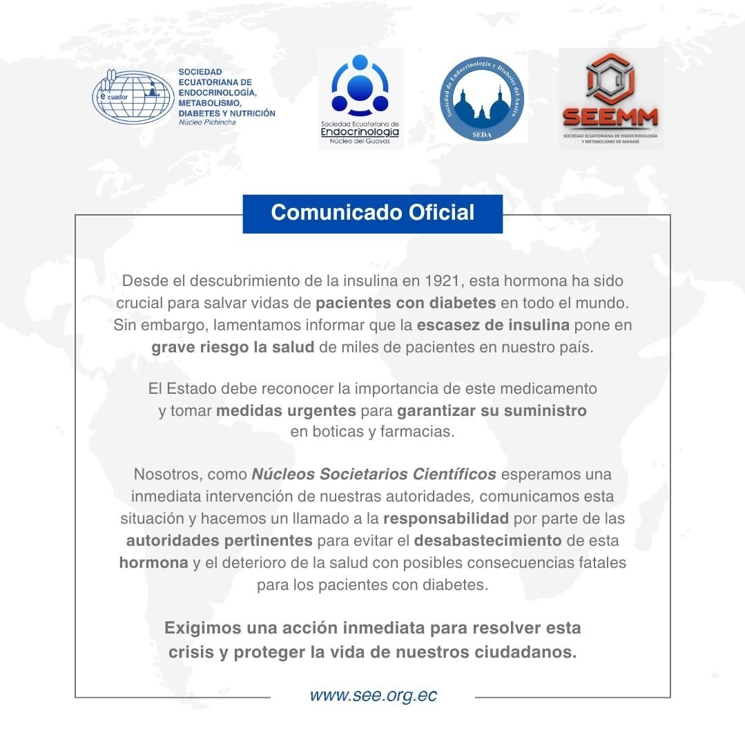 eldoc76's tweet photo. Un llamado a autoridades de Salud, por nuestros pacientes, busquemos soluciones prioritarias. La Insulina es una medicación vital.
Atención @Salud_Ec @DrFEncaladaC ...trabajemos en conjunto.
Sociedad Ecuatoriana de Endocrinologia. https://t.co/UAHwg5QGEN