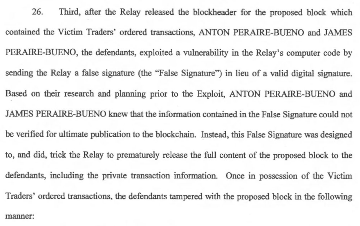 Seeing some folks ask 'well does this mean all MEV is illegal?' I think no, although the govt wading into blockchain transaction ordering is a very dangerous development for that space (which will now need much more lawyering). The thing that jumps out to me is this in para 26: