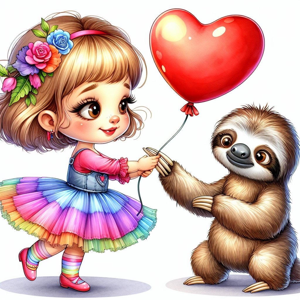 A girl so small, with courage grand, Approached a sloth with balloon in hand. The sloth, quite perplexed, Wondered what would happen next. 'For me?' he thought, with bated breath, 'A heart-shaped gift, from this tiny Beth?' The girl, determined, held out the string, A gesture