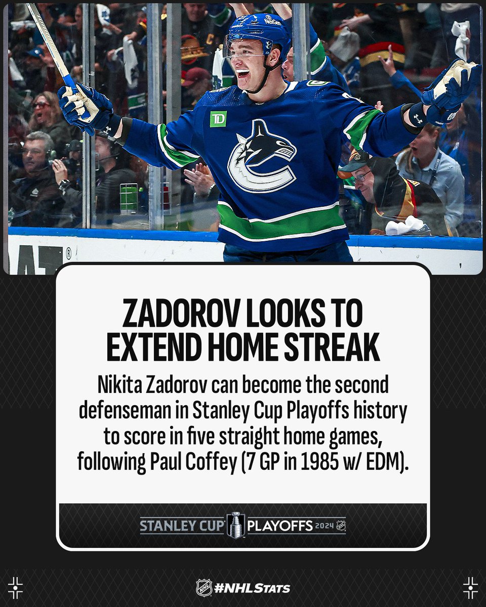 Nikita Zadorov leads the @Canucks with seven points on home ice during the 2024 #StanleyCup Playoffs. Will he find the back of the net for a fifth straight game at Rogers Arena? #NHLStats 📺: 10 p.m. ET on @SportsonMax, truTV, @NHL_On_TNT, @Sportsnet, @TVASports, CBC