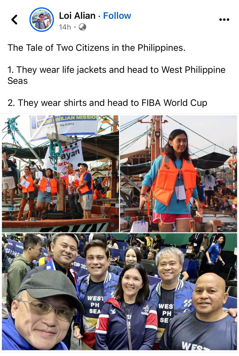 The Tale of Two Citizens in the Philippines.

1. They wear life jackets and head to West Philippine Seas

2. They wear shirts and head to FIBA World Cup