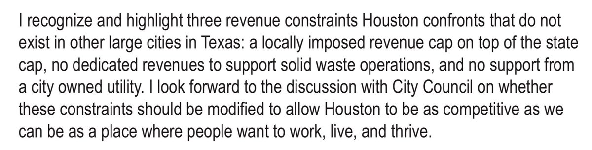 I agree with Mayor @whitmire_john’s budget message on Houston’s self-imposed revenue cap. It hasn’t made Houston affordable, but has significantly hurt the ability of the City to be what Houstonians want. Put it on the ballot in November & get rid of it. houstontx.gov/budget/FY2025_…